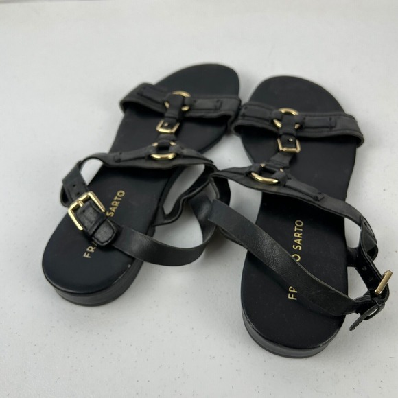 Franco Sarto Strappy Sandals Womens 10M Black‎ Leather Flat Heel Buckle Vacation - Picture 8 of 16
